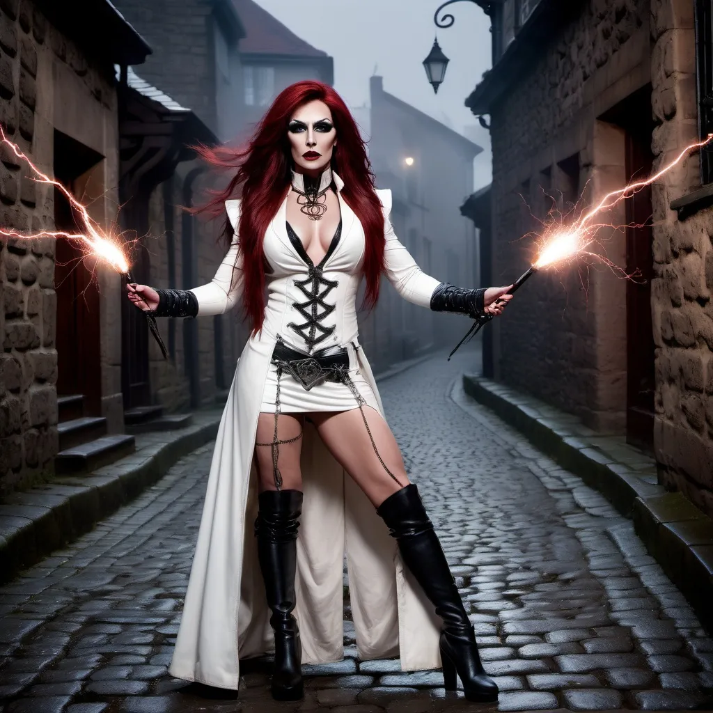 Prompt: Gorgeous muscular 35-year-old Romanian drag queen shadow warrior with bolts of electricity arcing from her magic wand, tall, long dark red hair, black eyes, dark gothic makeup, pale skin, white leather duster, white vest with celtic runes, white leather boots, cinematic, horror, 8K photo, key light, standing in a cobblestone lane, foggy night, intricate details.