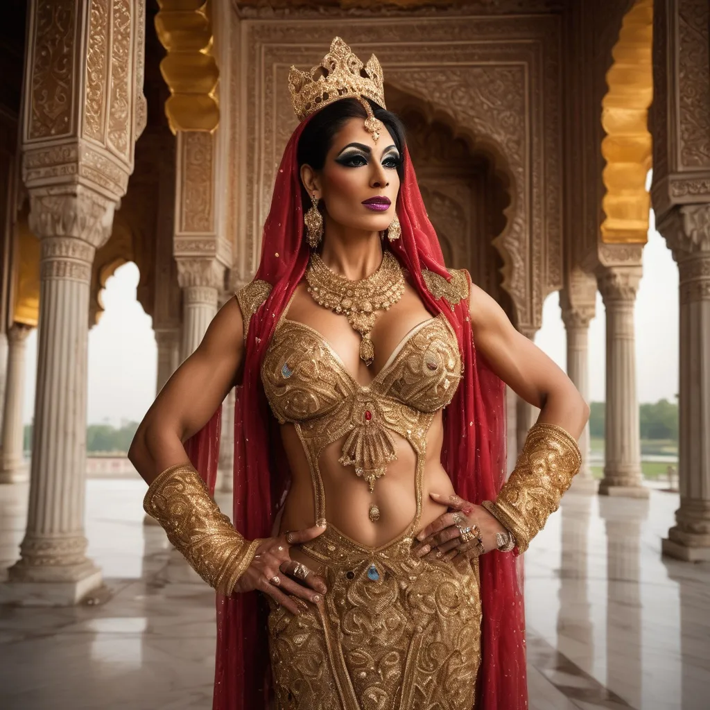 Prompt: A breathtakingly beautiful, muscular 35-year-old Pakistani drag queen bodybuilder princess from ancient times, standing gracefully in the majestic palace of the Taj Mahal. She wears an opulent, traditional Mughal-era royal outfit, intricately embroidered with gold and encrusted with precious gemstones. Her flowing silk dupatta shimmers under the soft moonlight, casting a mystical glow. Delicate henna patterns adorn her hands, and exquisite jewelry—bejewelled maang tikka, heavy gold necklaces, and shimmering bangles—enhance her regal elegance.

The palace is bathed in a dreamy, ethereal light, with the marble reflecting hues of silver, gold, and soft pastels. Floating flower petals drift through the air, carried by a gentle, unseen breeze. The atmosphere is infused with an enchanting, fairytale-like glow, as if the scene exists between dreams and reality. Wisps of golden mist swirl around her feet, and the sky above is illuminated by a crescent moon and twinkling stars. In the background, the silhouette of the Taj Mahal stands majestically, its domes glowing under the celestial light. The entire scene radiates an aura of romance, mystery, and divine elegance, as if touched by the gods themselves.