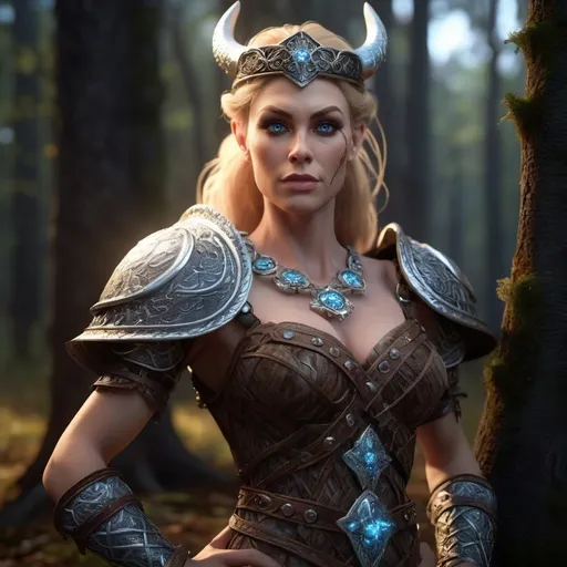 Prompt: CGI Animation, digital art, 35-year-old-old viking drag queen with light blue eyes, she is overjoyed, dark blonde hair with blonde strands, standing in a dimly lit forest, she is leaning against a tree, double braid down her shoulder with a tiara, unreal engine 16k octane, 3d lighting, full armor