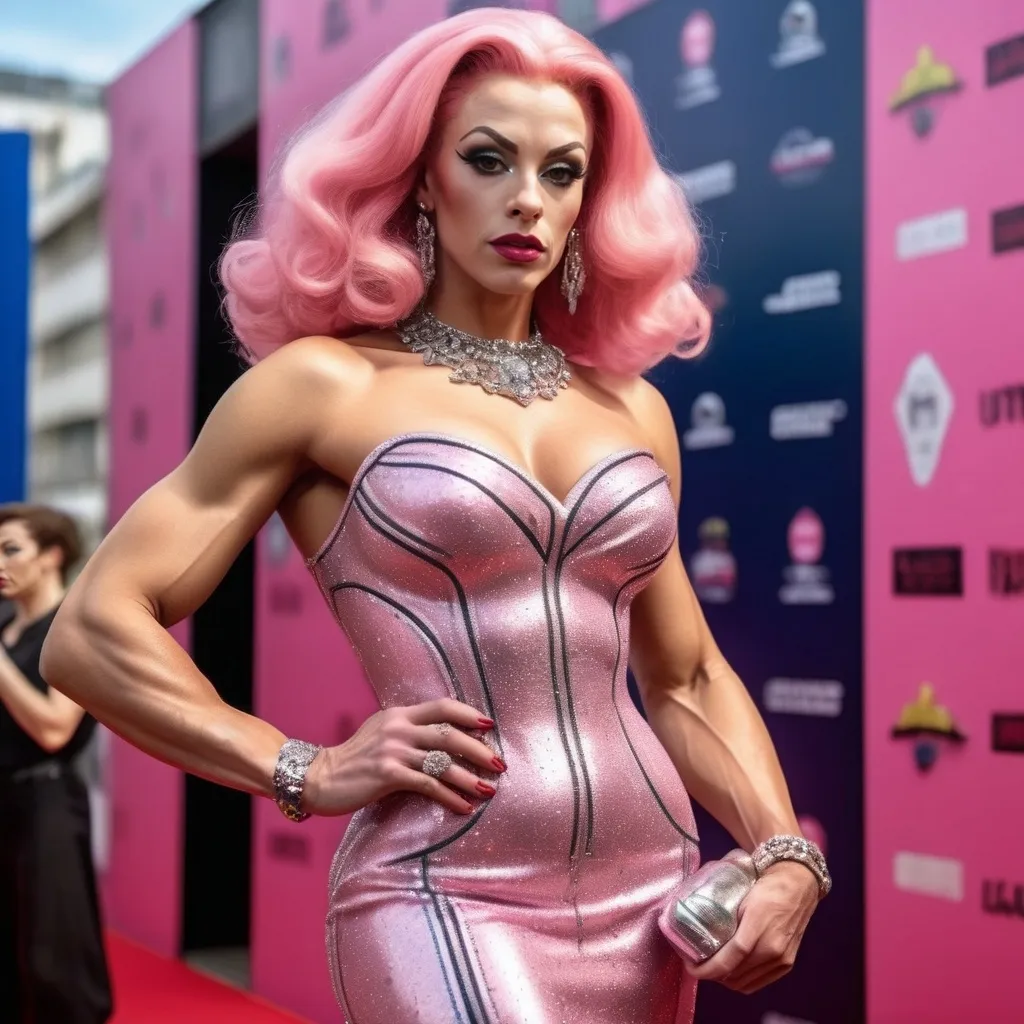 Prompt: Very detailed and hyper realistic full-length photo of a gorgeous  muscular 25-year-old French drag queen bodybuilder with 1950s style pink hair wearing a hyper realistic and very detailed Paco Rabanne dress 64k, ultra hd, 3d quality  500mpx reflex red carpet starirway awards 