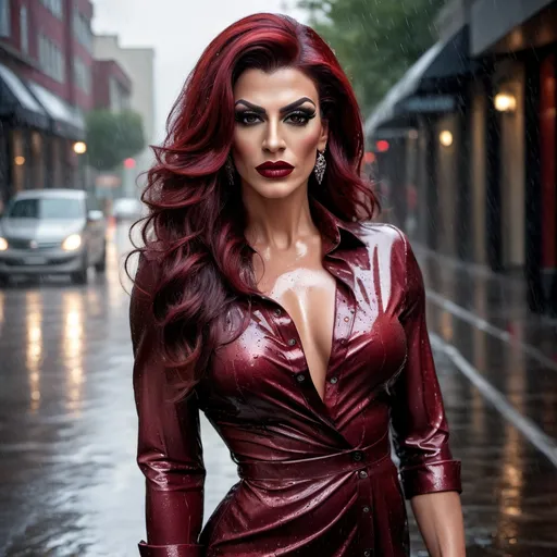 Prompt: photorealistic, (highly realistic) portrayal of a gorgeous muscular 35-year-old Turkish drag queen (strong masculine jawline and brow features) with long luscious wavy dark red hair, wearing a stylish men's shirt as a dress, elegant high heels, dark eyeshadow,  and dark red lipstick, standing confidently on a wet, glistening street after rain, with puddles reflecting streetlights, soft atmospheric glow, (moody), gently falling raindrops, urban ambiance, striking pose, captivating expression, rich colors, (ultra-detailed), nighttime cityscape background.