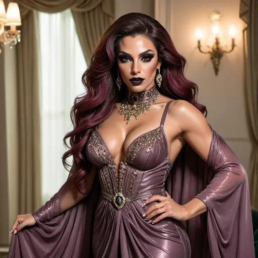 Prompt: Gorgeous muscular 35-year-old Arabic drag queen bodybuilder with long hair, dark eye makeup, dark lipstick, and large busom, wearing (Gucci Sanremo dress), elegant high-fashion design, flowing fabric with intricate draping, lush textures, shimmering elegant fabrics, (vibrant colors), modern and luxurious ambiance, (ultra-detailed), soft diffused lighting to highlight details, stylish accessories, framed by a chic backdrop that enhances the garment's sophistication.