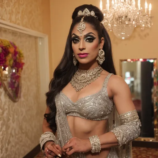 Prompt: Full shot of a beautiful, well-proportioned, physically-attractive, Pakistani drag queen bodybuilder, standing, with graceful sway, looking at us.
A bride, in a mirrored ante-room.
Adorned with bindi, necklaces, earrings, flowers in the hair, finger rings, bangles, armlets, waistbands, ankle-bells, kajal-eye-liner, toe-rings, henna-tattoo, perfume, sandal wood paste, flowing silk shawl and lower silk garment.
Glamor with Grace.
Very decent woman, able to evoke awe and admiration. Fascination.