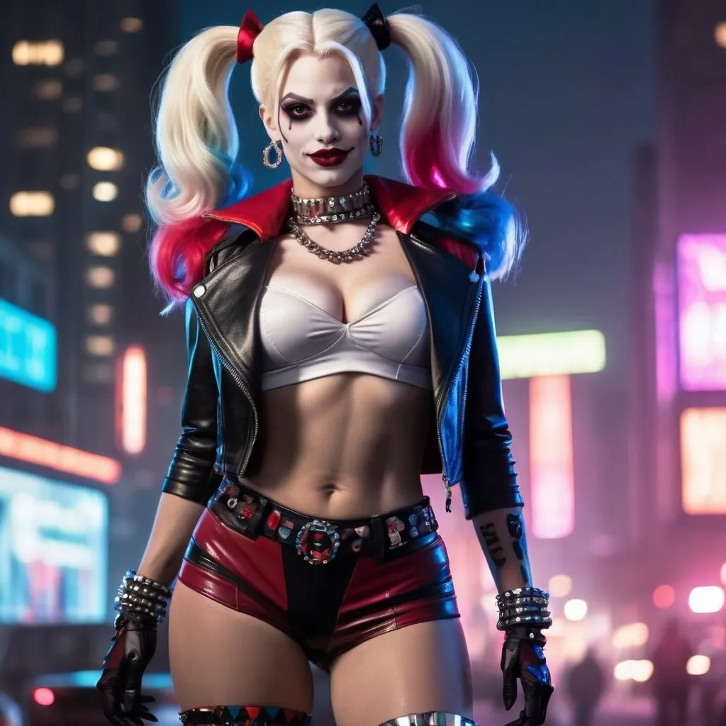 Prompt: Gorgeous muscular cyberpunk drag queen Harley Quinn, great legs, crystal high heels,  dark lipstick.