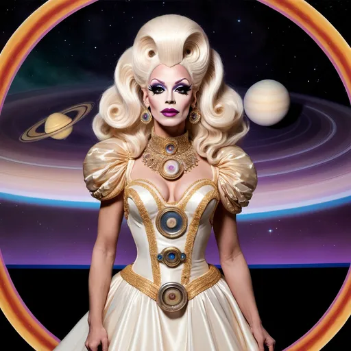 Prompt: The most beautiful drag queen on Saturn wearing the traditional Saturn dress.