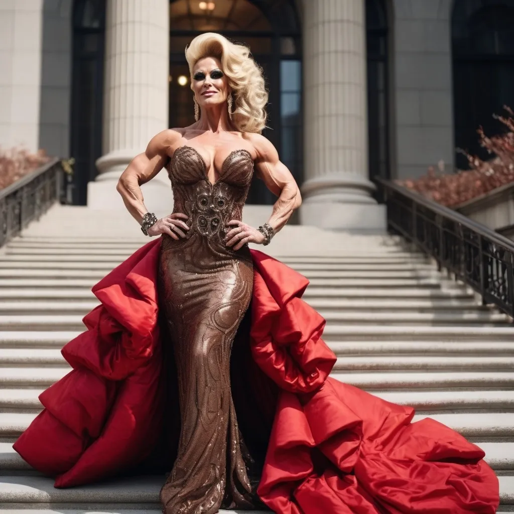 Prompt: Glamour photography of Gorgeous ultra-muscular 45-year-old (Caucasian) Czechian drag queen bodybuilder with a huge busom, and ridiculously long wavy salt & pepper tight updo hair on the Met Gala steps in New York wearing designer bronze and red gown with long train, intricate details, glitter and jewels, posed 3/4 turn standing, smile, in the style of Guy Aroch