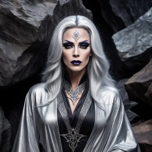 Prompt: (35-year-old gorgeous drag queen sorceress), striking black eyes, silver dark hair with silver streaks, (aura of power), good-looking features, masculine jawline and brow, dark eyeshadow, dark lipstick, wearing mystical robes, ancient runes glowing faintly, dramatic lighting casting shadows on his face, (mysterious ambiance), atop a rocky cliff with a stormy sky, wisps of magic swirling around him, ultra-detailed, cinematic atmosphere.