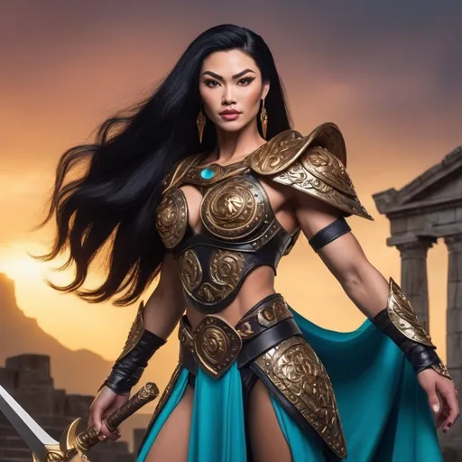 Prompt: "Imagine a reimagined Vietnamese Asian drag queen bodybuilder version of Xena (strong masculine jawline and brow facial features) inspired by Pixar's art style. She is a heroic and strong figure with an muscular yet elegant build, very long wavy black hair, and a radiant smile that reflects both strength and kindness. She wears a modernized version of Greek armor, featuring intricate gold and bronze details, paired with a flowing cape. Her pose is dynamic, holding a glowing sword in one hand exuding confidence and determination. The background showcases a vibrant and mythological world filled with ancient ruins and a breathtaking celestial display of all the planets aligning in a radiant golden sky. The scene captures her as a symbol of power, resilience, and grace, standing as a hero in a cosmic and legendary moment."