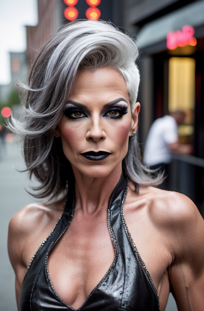 Prompt: Location: Random
Hair color: salt & Pepper
Hair length: Random
A high definition hyper-detail live action digital photograph of a gorgeous masculine 45-year-old, athletic, Belgian drag queen. Masculine jawline, chin and brow. Feminine muscular body and legs. Dark eye makeup and dark lipstick. Wearing a gorgeous ensemble of men's and women's clothing with 8 inch stiletto high heel shoes.