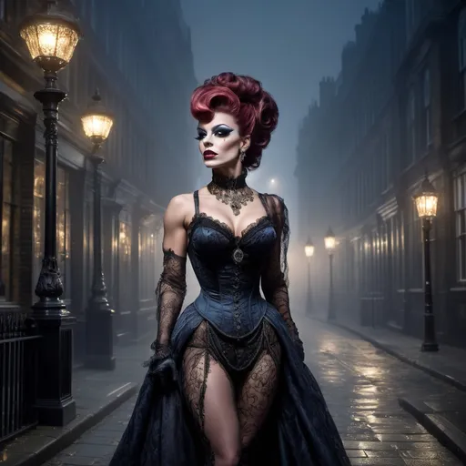 Prompt: (Gorgeous Victorian drag queen bodybuilder), walking gracefully through dimly lit streets of London at midnight, moonlight casting shadows, fog swirling, ornate street lamps glowing softly, detailed period attire with lavish fabric and intricate patterns, historical architecture in the background, mysterious yet enchanting atmosphere, dramatic contrast of light and dark, exquisite details of the scene, (ultra-detailed), (HD).