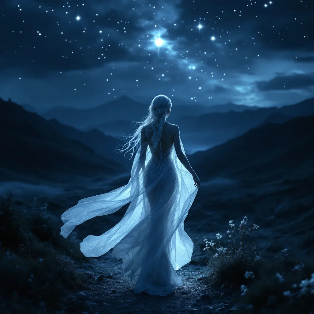 Prompt: (beautiful white Swedish drag queen) walking gracefully under a starlit sky, (melancholic mood), deep indigo and shimmering silver tones, soft ethereal glow, a delicate veil of night softly surrounding her, gentle whispers of a cool breeze, capturing a moment of quiet elegance, (highly detailed), enchanting landscape in the background, timeless and romantic atmosphere.