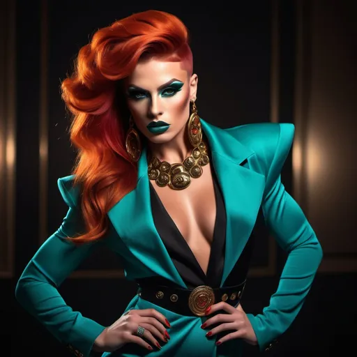 Prompt:  (A gorgeous muscular 25-year-old Macedonian drag queen with dark orange hair wearing a teal Versace), fierce pose, dramatic (red and black color palette), high-fashion editorial style, luxurious fabric textures, sleek and chic outfit details, vivid presence, modern ambiance, strong emotional intensity, cinematic lighting, backdrop of elegant high-fashion runway, (ultra-detailed, 4K).