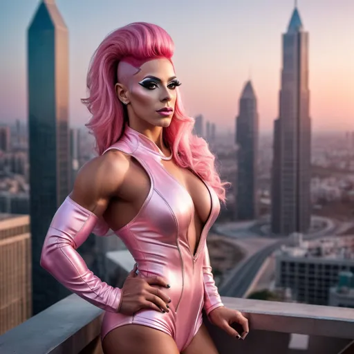 Prompt: Gorgeous muscular 25-year-old Israeli drag queen bodybuilder with pink hair, immaculate fashion makeup,  posing in 24th century America at sunrise. Futuristic Background.