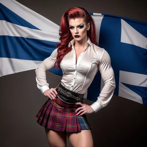 Prompt: (Gorgeous muscular 25-year-old Scotish drag queen bodybuilder posing), wearing a (Scottish kilt), (white silk blouse) and (8 inch stiletto high heel shoes), (elegant studio setting) Scottish flag background, (soft lighting), high fashion portrait (dark eyeshadow and dark lipstick), intricate details on kilt, expressive facial features, stylish pose, (high quality), (ultra-detailed), warm color tones, (fashion-forward ambiance) with a sophisticated atmosphere, capturing the essence of traditional Scottish attire blended with modern aesthetics.