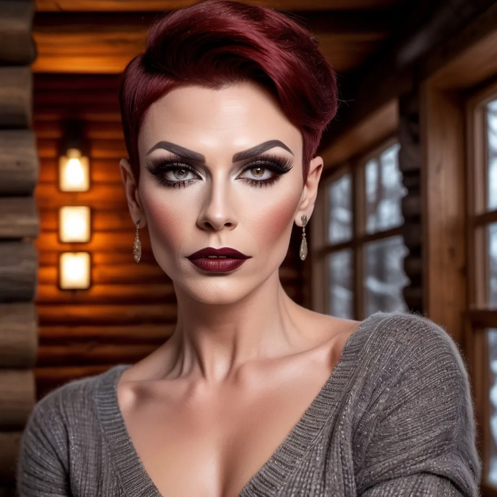 Prompt: Extremely beautiful, muscular 35-year-old Russian drag queen, detailed very short stylish dark red hair, flawless skin, dark eye makeup, dark lipstick, detailed eyes, natural beauty, very strong masculine jawline, form-fitting seasonal sweater, cozy modern log cabin interior background, winter season, realistic professional photography, high quality, detailed, realistic, cozy, ginger, long hair, flawless skin, candid moment, modern log cabin, seasonal sweater, detailed eyes, natural beauty, professional photography, winter season, cozy lighting