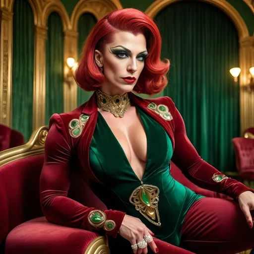 Prompt:  a lonely gorgeous muscular 35-year-old Czechian drag queen bodybuilder ((strong masculine jawline and brow features)) with huge busom sitting in an eerie art nouveau decorated ballroom, in a 1920s red velvet suit, high heel saddle shoes. She has piercing green eyes,  golden brown hair, night, 4k, high quality, a complex stunning portrait of a man with high detail