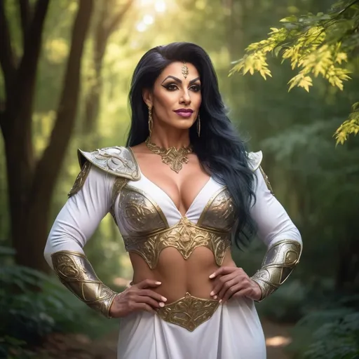 Prompt: Gorgeous muscular 35-year-old Pakistani drag queen bodybuilder with large busom, (phtorealistic) (high detail), 8k, standing confidently in a beautiful, close up, smiling at the viewer, enchanted medieval forest, wearing a simple white robe, under dappled sunlight, vibrant green leaves framing the scene, ethereal ambiance with soft, magical glow, rich textures of the armor contrasting with natural surroundings, ultra-detailed, cinematic quality, inviting exploration of this enchanting realm.