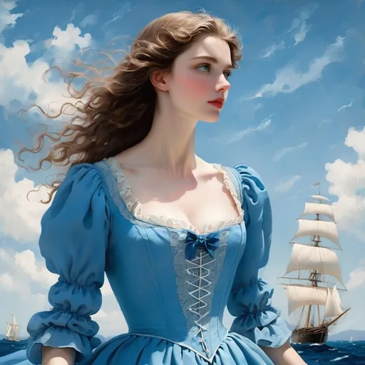 Prompt: Have you seen her dressed in blue?
See the sky in front of you
And her face is like a sail
Speck of white so fair and pale
Have you seen a lady fairer?