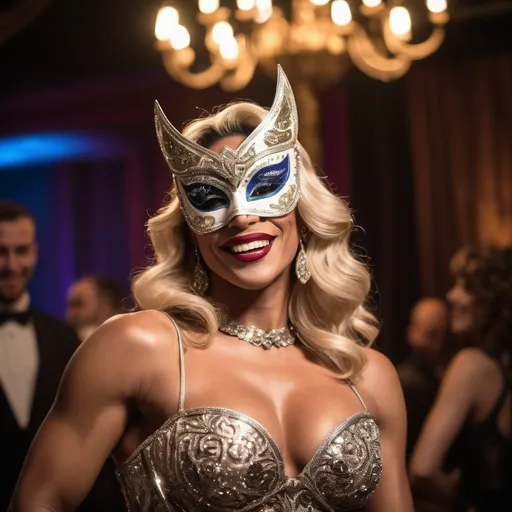 Prompt: A wide, soft focus, (((cowboy shot))) of a masked French champagne drag queen diva bodybuilder at a bohemian masquerade ball. Dramatic lighting and shadows. She is laughing heartedly, expressive body language.