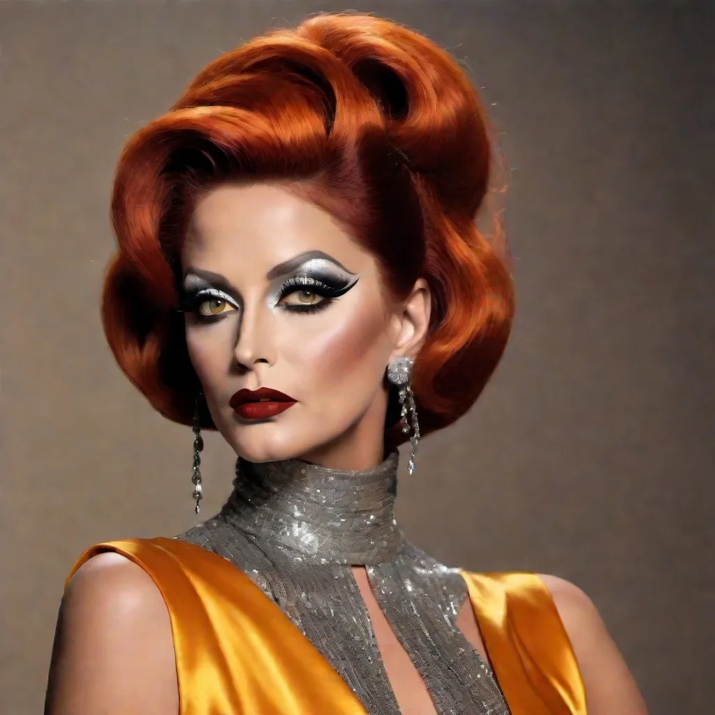 Prompt: image of Michael Douglas dressed as a gorgeous 25-year-old (((full figured))) Czechian drag queen with very long professionally styled Dark orange hair, wearing a flamboyant, yet conservative black yellow and silver Bob Mackie designer Gown, heavy eye makeup,  dark red lipstick, posing in a smokey Cabaret. hyper-realistic quality, ultra-detailed 4K imagery.