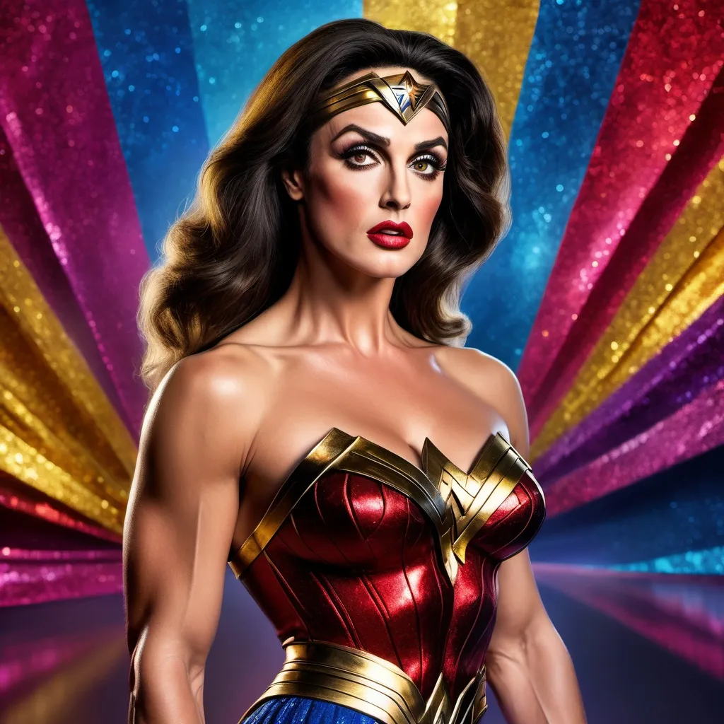 Prompt: Sylvester Stallone dressed as a 25-year-old gorgeous drag queen Wonder Woman.