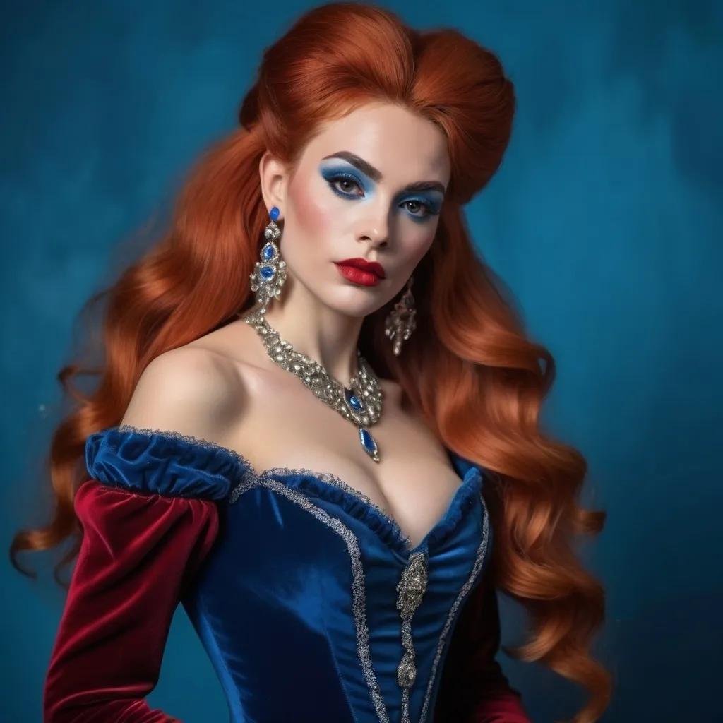 Prompt: a French drag queen (with strong masculine jawline and brow facial features) with long red hair wearing blue velvet dress and earrings, posing for a picture with a blue background, Elina Karimova, rococo, elegance,  photorealistic