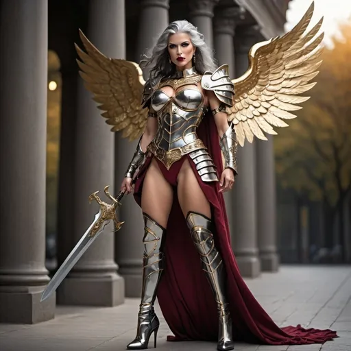 Prompt: Tall, muscular, goddess, (masterpiece:1.2, best quality:1.2, high quality, highres:1.1), (Best Quality), ((Photo Realistic)), (Full body portrait), ((Professional photography)), age 45, columbian warrior queen, layered gray hair, black eye shadow, dark red lips, intricate armored battle dress, thigh-high 8 inch stiletto high heel boots, ((intense metal reflections)), outdoors, gold, angelic armor and leather, professional lighting, blurry background, soft focus