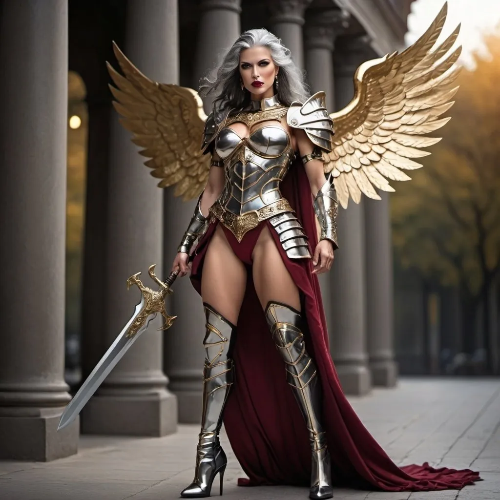 Prompt: Tall, muscular, goddess, (masterpiece:1.2, best quality:1.2, high quality, highres:1.1), (Best Quality), ((Photo Realistic)), (Full body portrait), ((Professional photography)), age 45, columbian warrior queen, layered gray hair, black eye shadow, dark red lips, intricate armored battle dress, thigh-high 8 inch stiletto high heel boots, ((intense metal reflections)), outdoors, gold, angelic armor and leather, professional lighting, blurry background, soft focus