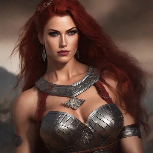 Prompt: Tall, gorgeous, ultra-muscular muscular, 25 year old goddess, (masterpiece:1.2, best quality:1.2, high quality, highres:1.1), (Best Quality), ((Photo Realistic)), (Full body portrait), ((Professional photography)), Norwegian warrior queen, layered dark red hair, black eye shadow, dark red lips, huge busom, intricate armored battle dress, thigh-high 8 inch stiletto high heel boots, ((intense metal reflections)), outdoors, gold, angelic armor and leather, professional lighting, blurry background, soft focus