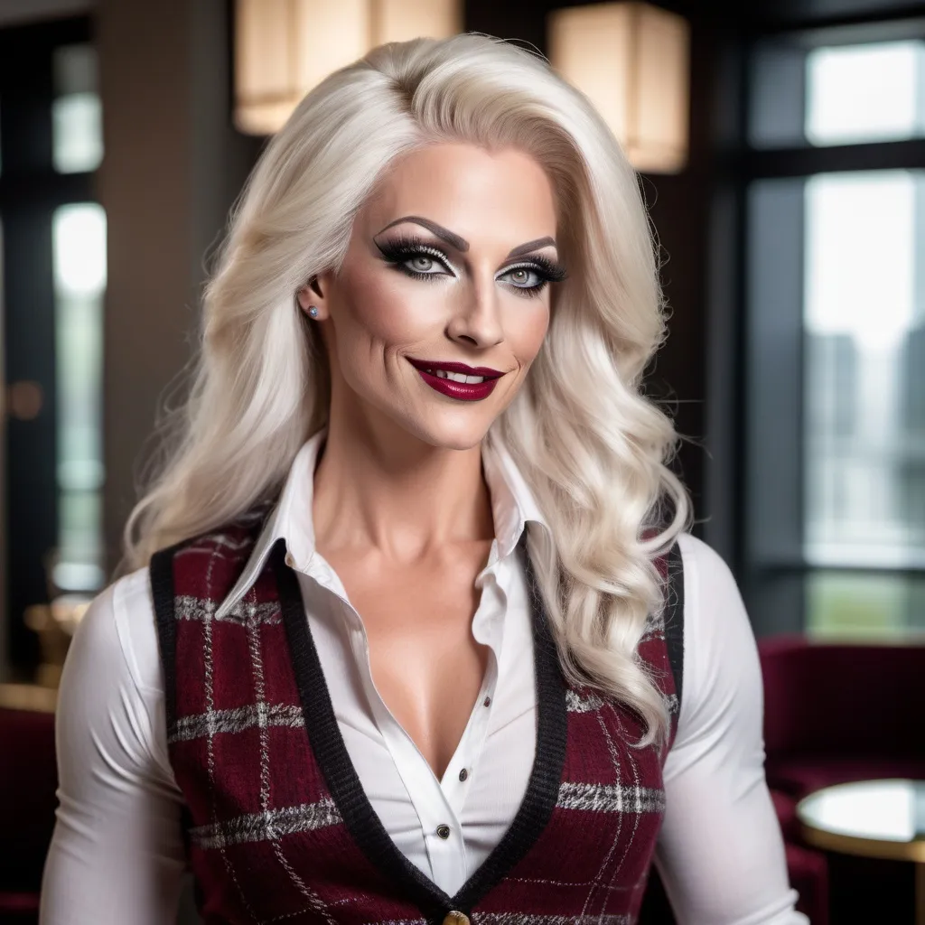 Prompt: Gorgeous muscular 35-year-old German drag queen (strong masculine jawline and brow) with long luscious platinum blonde hair, dark smoky eyeshadow, heavy mascara and dark red lipstick, smile, silver jewels, chic white blouse, tweed sweater vest, plaid pencil skirt, standing profile in a luxe lobby, well lit, high detail & quality, 8k, pro photo.