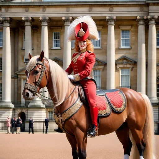 Prompt: Gorgeous Palace Guard drag queen bodybuilder in (traditional beefeater costume), elegantly posed beside a (huge horse) adorned with an (ornate saddle and leather tack), showcasing her (silky strawberry-blonde hair) flowing in a gentle breeze. Set against the majestic backdrop of (Buckingham Palace gate) under a beautifully (sunny day). Rich in detail and texture, high-quality (8K resolution), strikingly vivid colors, and (photorealistic) finish make this image a masterpiece.