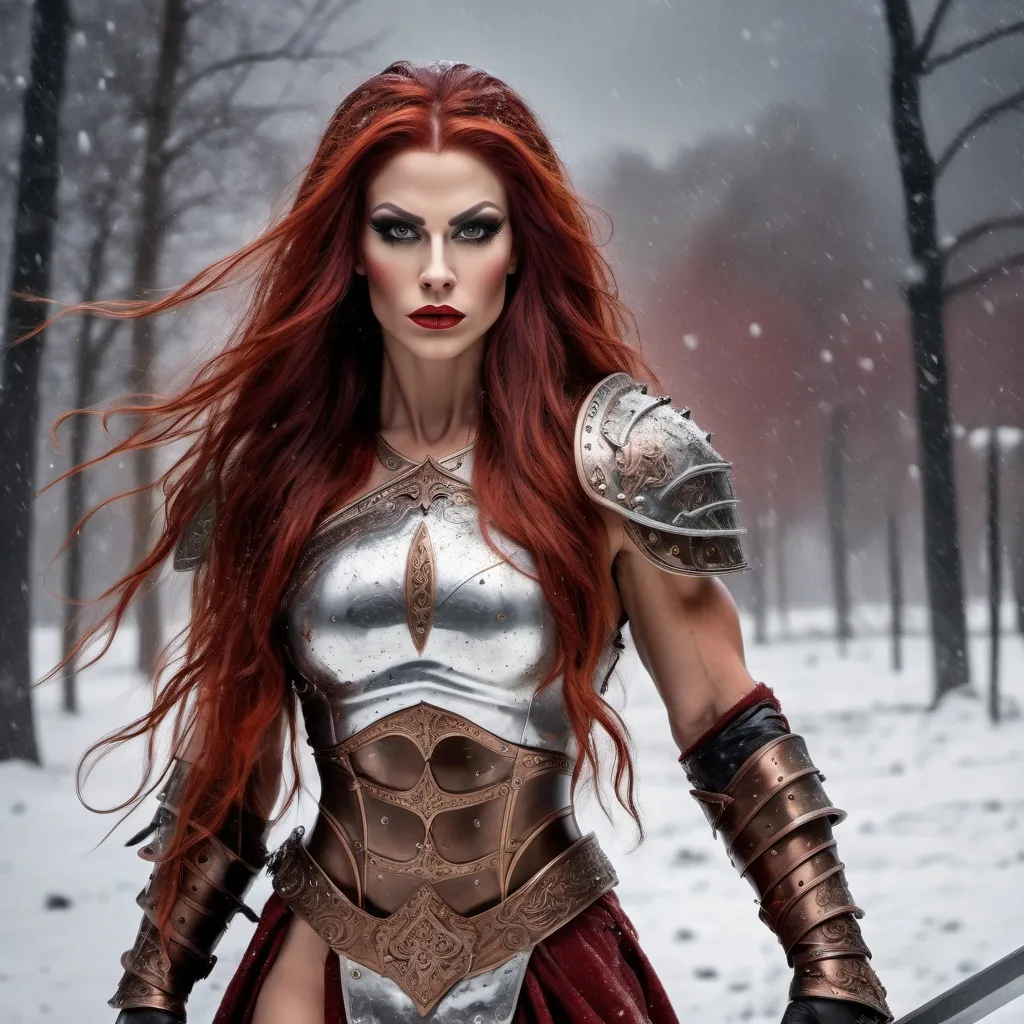 Prompt: Gorgeous muscular 25-year-old Slavic drag queen bodybuilder with ridiculously long wavy dark red hair, dressed as a warrior princess in complete bronze steel armor and a gleeming silver longsword in the midst of a bloody and fiery battle during the height of a winter storm.