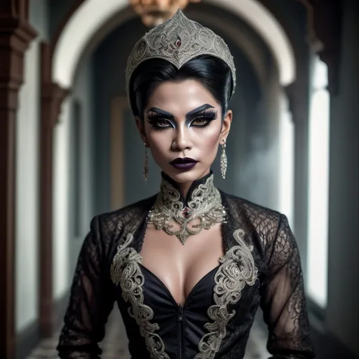 Prompt: hyper-detailed dull photo of a gorgeous muscular masculine 25-year-old Betawi drag queen, with dark eye makeup, dark lipstick, venetian lace jilbab, cropped jacket, foggy old hallway, art pose, medium format, epic character composition, sharp focus, intricate filigree details, cinematic lighting, volumetric fog, award-winning, masterpiece, 64K, professionally color graded