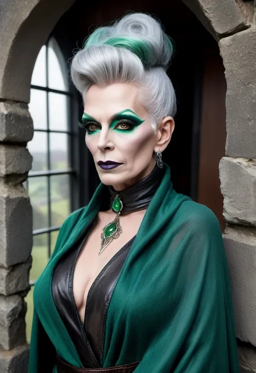 Prompt: Wizened, yet vital, the drag queen sorceress Richeldis the Grim peers from the window of her grey stone tower. She is middle-aged human drag queen, her grey hair swept up in a tidy bun pinned with chalcedony rods. She wears practical garments: a dark green woollen shawl, a sturdy linen chemise, and a worn leather bodice. Dark eye makeup and dark lipstick.