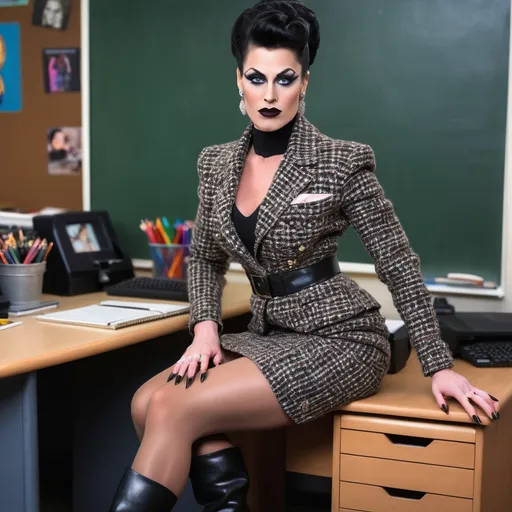 Prompt: Gorgeous, muscular, transwoman Teacher (with very strong masculine jawline) with long luscious black updo hair, dark eye makeup,  and dark lipstick wearing a beautiful designer tweed jacket & dress and thigh-high 8 inch stiletto boots. Sitting confidently on her desk.