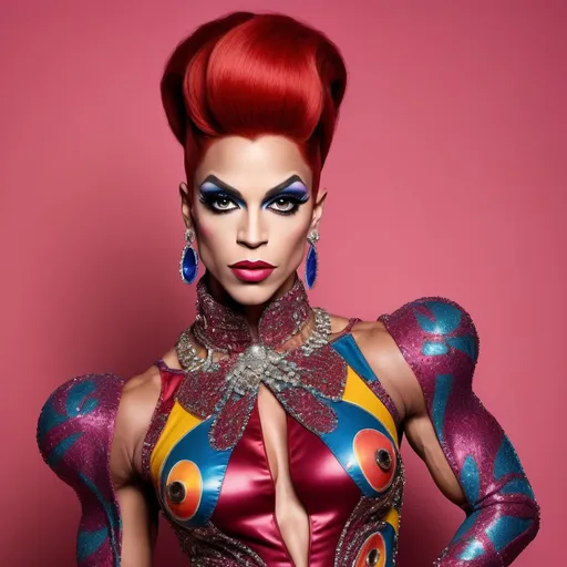 Prompt: Prince dressed up as a Gorgeous ultra-muscular 25-year-old Czechian drag queen bodybuilder with long dark red stylish updo wearing a (Moschino dress), high fashion design, colorful patterns, playful and vibrant, couture elegance, luxurious texture, striking silhouette, artistic flair, runway-inspired style, intricate details, eye-catching embellishments, bold color palette, fashionable ambiance, (ultra-detailed), high-quality craftsmanship, fashion illustration vibes, stylish ensemble, (vivid colors), aesthetically stunning.