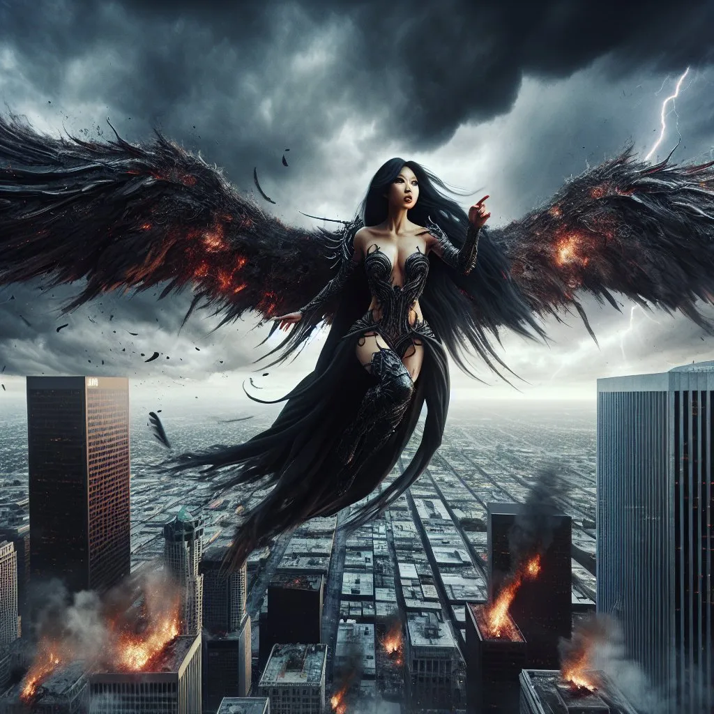 Prompt: Gorgeous, muscular, female, angel of death wearing dark and bloody robes. Ridiculously large wings. Ridiculously long flowing black hair. Flying over the streets of Los Angeles during Armageddon. 