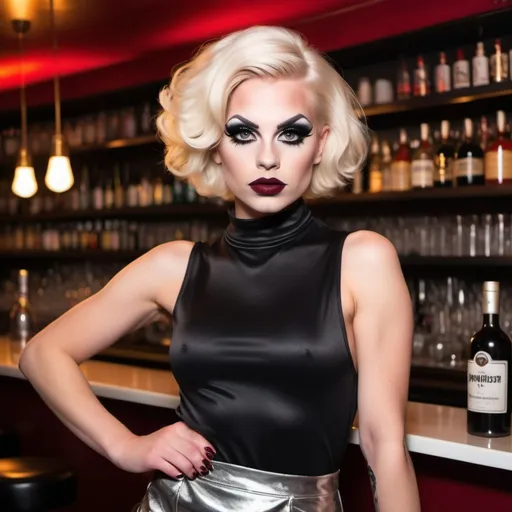 Prompt: Stunningly gorgeous 25-year-old Swedish drag queen bartender, mini skirt, short blond hair, full body, dark eye shadow and dark red lipstick