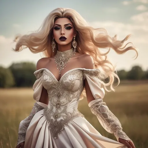 Prompt: full  body realistic, A Gorgeous, very muscular, suntanned, 20-year-old, suntanned, Saudi Arabian drag queen (with strong masculine facial features, dark lipstick, huge busom, blonde hair) wearing a beautiful satin silk dress, flowing in the wind, Victorian, medieval fantasy intricate patterns, gloves, high heels, intricate boots glossy, detailed design, summer day, in a meadow, breeze in her hair, high quality, detailed, Victorian style, intricate patterns, beautiful  face, glossy finish, flowing fabric, summer breeze, detailed design, elegant, atmospheric lighting