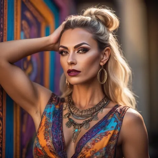 Prompt: High resolution (8K or UHD), soft natural lighting, and realistic depth of field "shot on a Sony A7R IV, 50mm f/1.8 lens, ISO 100 of a Gorgeous, very muscular, suntanned, 35-year-old, suntanned, Turkish drag queen (with masculine jawline and brow facial features, dark lipstick, big busom, blonde hair) in a bohemian Etro dress, vivid patterns, vibrant colors, intricate details, flowing fabric, luxury fashion, warm ambient lighting, elegant festival setting, dreamlike atmosphere, high-quality fashion portrait, ultra-detailed patterns, showcasing unique style, full-body view, sun-kissed background, ethereal beauty, artistic flair.