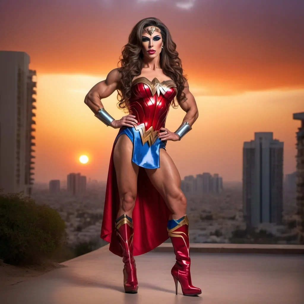 Prompt: (Gorgeous ultra-muscular Israeli drag queen bodybuilder wearing wonder woman dress and 8 inch stiletto high heel boots) age 25 years old, professional photo, vivid colors, studio lighting, hyper detailed, HDR, bokeh, long silk hair, full body, perfect anatomy, beautiful face ,Sunset background, highly realistic, ultra-detailed, 8K, high quality.