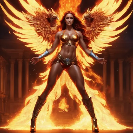 Prompt:  a flaming phoenix hovers overtop a 25-year-old muscular goddess. The 25-year-old goddess has clothes made of flames from the Phoenix and looks like a phoenix as a 25-year-old goddess. Full length. Muscular. Large busom.