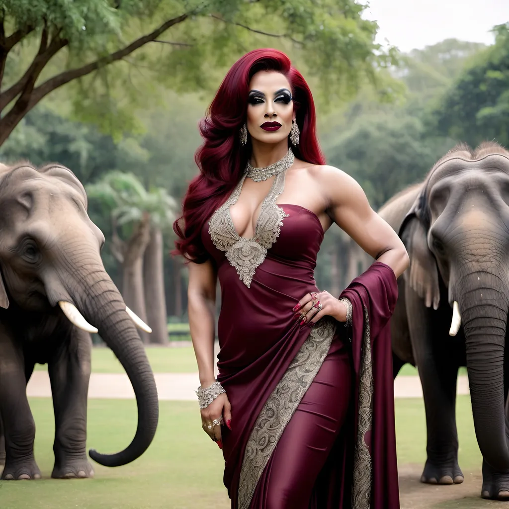 Prompt: A beautiful muscular 35-year-old Muslim drag queen in an elegant saree, her hands on her waist, with very long dark red hair,  dark eyeshadow and dark lipstick,  8 inch stiletto high heel shoes.  Posing in a gorgeous park with elephants.