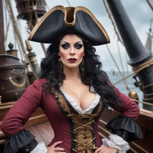 Prompt: A stunning, hyper-realistic and vividly colored depiction of a gorgeous muscular 35-year-old French pirate drag queen (dark eyeshadow, dark red matte lipstick, black hair, abd big busom) in the 1860s. She stands confidently at the bow of a majestic pirate ship, holding a telescope as she searches for her next prey.