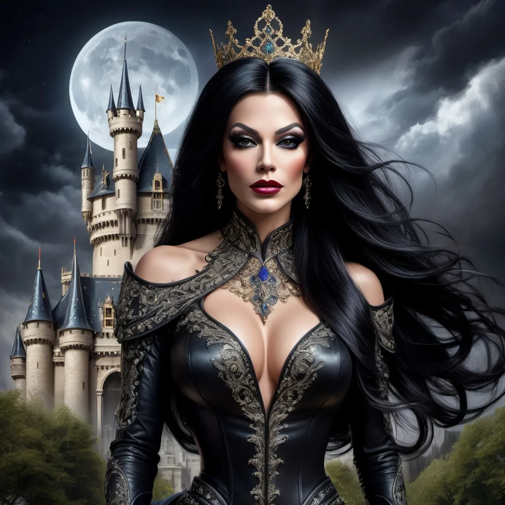 Prompt: A gorgeous muscular drag queen stands before her castle, her castle in the background, her back towards the viewer, she is mounted on her horse, long flowing black hair cascading elegantly down her back, royal attire shimmering with intricate details, high-reaching towers, under a dramatic dark sky, rich colors, ultra-detailed, high definition, emphasizing royal elegance and strength.