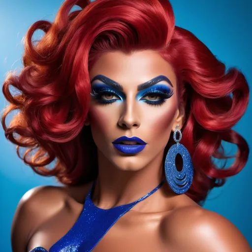 Prompt: Radiating confidence and flamboyance, a striking Gorgeous, very muscular, suntanned, 25-year-old, suntanned, Greek drag queen (with strong masculine facial features, dark lipstick, huge busom,) showcases an extravagant, vibrant red hairstyle, full of curly volume that frames the face. Her makeup is dramatic, featuring bold blue eyeshadow and glossy red lips, creating a stunning contrast against her fair complexion. Adorned in a dazzling red sequined outfit with thin straps, she poses with one arm raised, accentuated by shiny red gloves that amplify the flamboyant aesthetic. The background remains muted, enhancing her vibrant look, while the overall lighting focuses on her, adding a glamorous flair to the scene that evokes a sense of theatrical elegance and celebration.