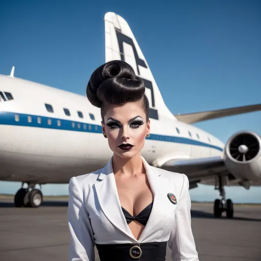 Prompt: Gorgeous ultra-muscular 25-year-old Finnish hour glass figured drag queen with ridiculously long wavy black updo bun hairstyle, dark eye makeup,  dark lipstick, dressed as a 1960s stewardess,  passenger plane in background. Full length photography.