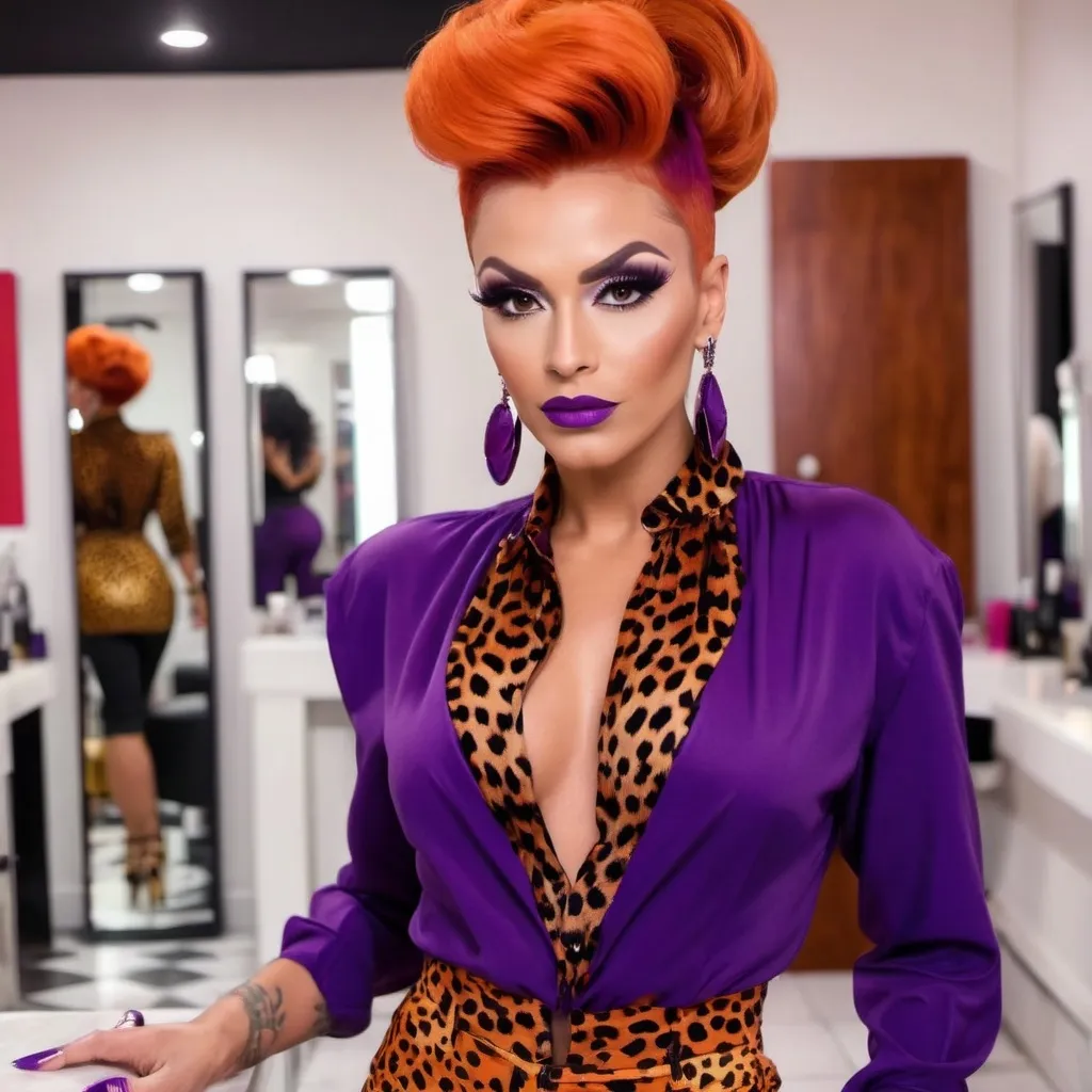 Prompt: Gorgeous ultra-muscular 25-year-old Polish drag queen, very well endowed, long crimson beehive updo hairstyle dressed as Peg Bundy in tight orange leopard print pants, low cut purple blouse, and 8 inch stiletto high heel shoes, walking through a hair salon. Dark smoky eye shadow, dark red lipstick, Purple blouse, purple blouse. Blouse is low cut and purple. Orange leopard print pants.