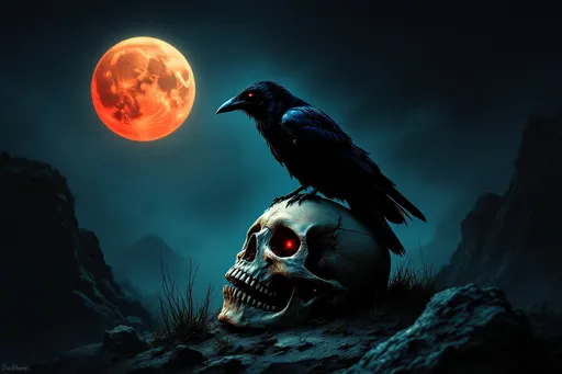 Prompt: A raven sitting atop a human skull lit by a blood moon