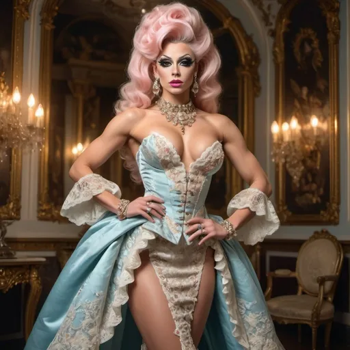 Prompt: No flaws, Full body Rococo era 4k HD digital photograph of a gorgeous 25 year old Czechian drag queen bodybuiler, 4k hd digital photography, luxurious dress, elaborate hairstyle, huge busom, long muscular legs,  8 inch stiletto high heel shoes, ornate jewelry, soft colors, soft and diffused lighting, high quality, detailed brushwork, elegant and refined, opulent setting, intricate lace details, classic beauty, historical art, Rococo style, delicate features, aristocratic charm, full body photography, hyper-realistic, hyper-realistic, flawless photo